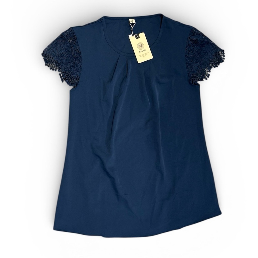 Blue Lace Cap Sleeve Blouse Small Boho V-Neck Lightweight Top NWT